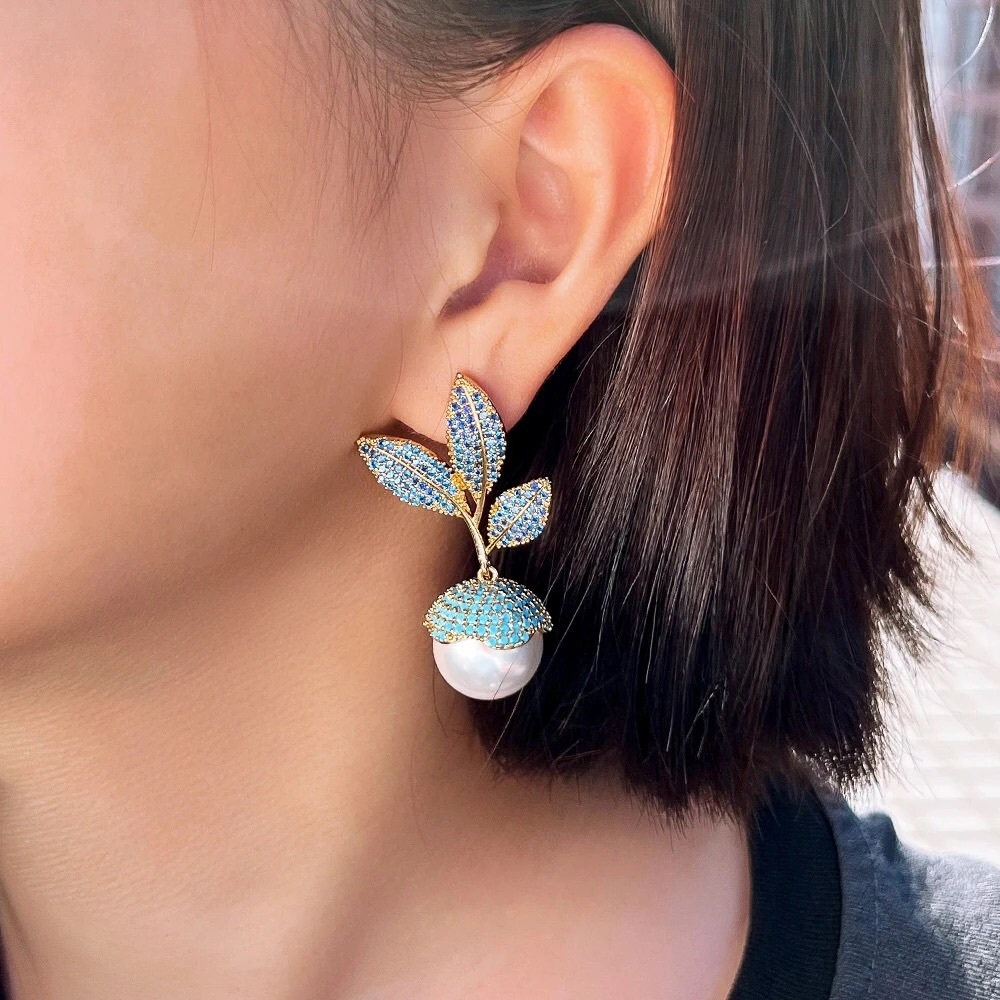 Elegant Blue and Gold Leaf Pearl Earrings